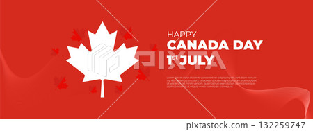 Canada Independence Day Long Greeting Celebration Banner. Happy Canada Day Web Banner Background with Red Maple Leaf. First of July Canada Day National Patriotic Holiday Post Vector Illustration 132259747