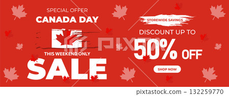 Canada Day Sale Web Banner. Happy Canada Independence Day Mega Big Sale Banner Background Illustration. Canada Day Weekend Promotion Discount Banner. First of July Holiday Special Offer Template 132259770
