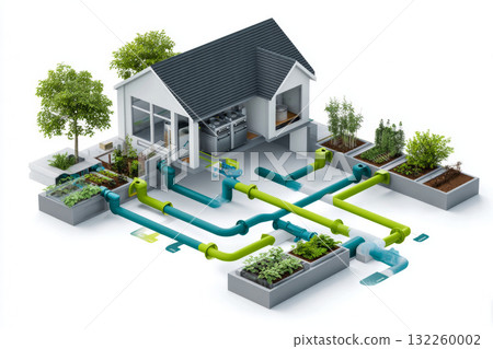 A 3D illustration of a modern house with a green roof, surrounded by various plants and trees. 132260002