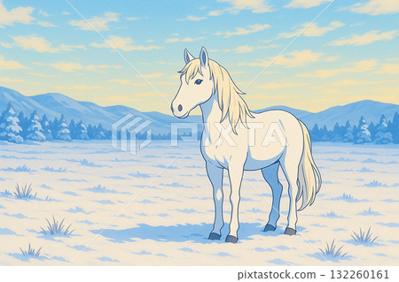 一匹白馬站在雪原上的奇幻場景 132260161