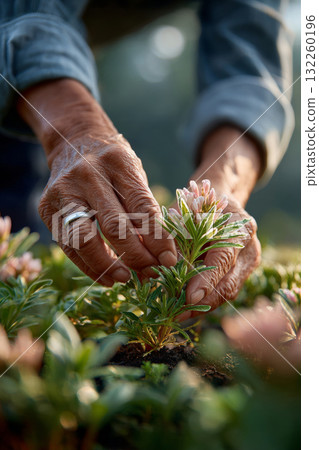 A close-up of elderly hands gently tending to pink flowers in a garden, with soft lighting that accentuates the textures of the plants and the wrinkles on the hands, set against a blurred 132260196