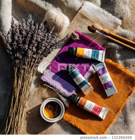 Featuring a variety of art supplies on a textured fabric background, with a focus on colorful paint tubes and brushes, set against a natural backdrop with purple flowers and lavender. 132260208