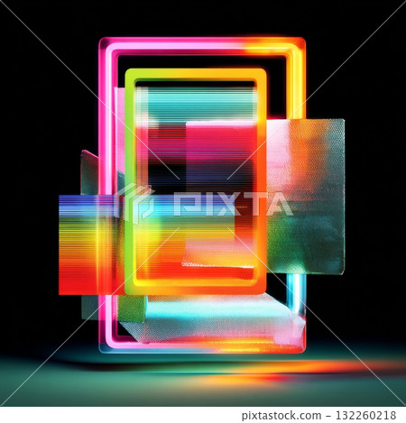 A colorful 3D digital art piece composed of geometric shapes in a flat lay arrangement. A colorful 3D digital art piece composed of geometric shapes in a flat lay arrangement. 132260218