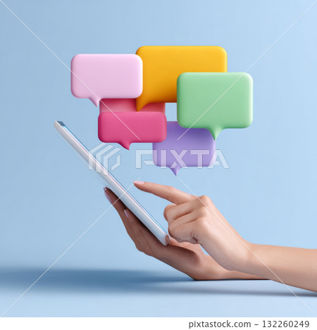 A close-up of a hand holding a tablet displaying colorful speech bubbles in various hues such as yellow, pink, green, and purple. 132260249