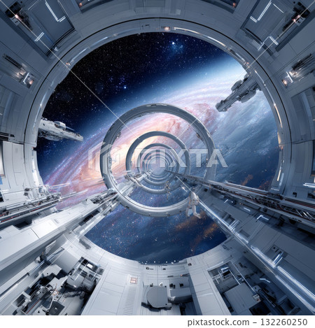 A futuristic spacecraft interior with a large circular window through which a stunning view of outer space is visible. 132260250