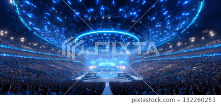 A large indoor stadium filled with spectators during what appears to be a live event or concert. A large indoor stadium filled with spectators during what appears to be a live event or concert. 132260251
