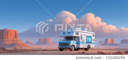 A large recreational vehicle (RV) parked in a desert landscape under a clear blue sky. 132260269