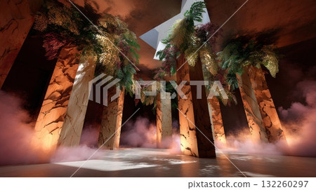 A lush tropical garden within a cave-like setting. 132260297
