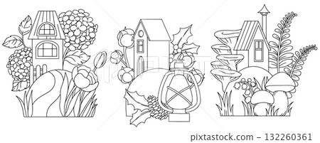 A set of coloring pages. Seasonal compositions with cute fairytale houses and plants. Summer, fall, winter. A set of coloring pages. Seasonal compositions with cute fairytale houses and plants. Summer, fall, winter. 132260361
