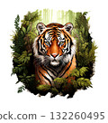 Calm, detailed tiger portrait emerging from lush green jungle leaves and bamboo, created in a soft, realistic digital painting style. 132260495