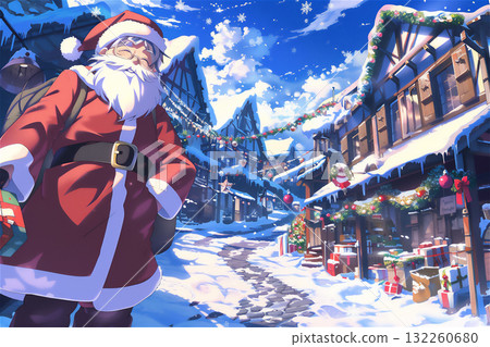 Santa Claus and Christmas townscape in the snow 132260680