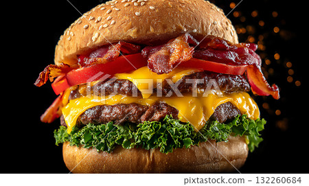 Close up of a juicy bacon cheeseburger Close up of a juicy bacon cheeseburger 132260684