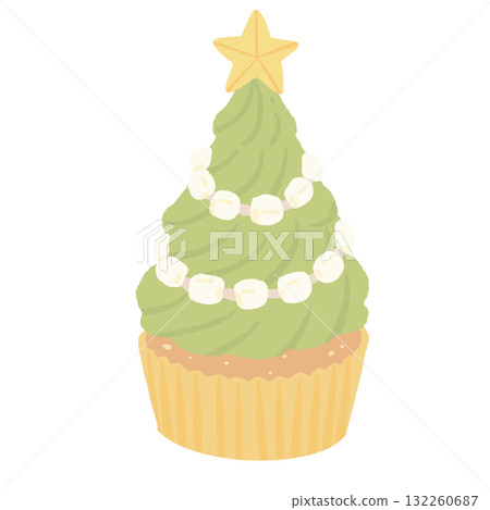 Christmas tree cupcake illustration pastel coquette Christmas dessert clipart kawaii bakery art hand drawn for cards invitations digital planners and crafts 132260687