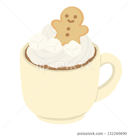 Hot cocoa mug with whipped cream and gingerbread cookie illustration pastel coquette Christmas dessert clipart kawaii bakery art for cards planners and prints 132260690
