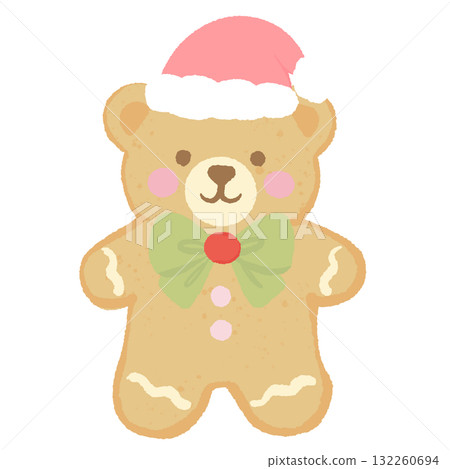 Gingerbread bear cookie with Santa hat illustration pastel coquette Christmas dessert clipart kawaii cookie art hand drawn for cards invitations and crafts 132260694