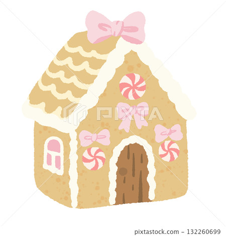 Gingerbread house with pink bows illustration pastel coquette Christmas dessert clipart kawaii holiday art hand drawn for cards stickers and crafts 132260699