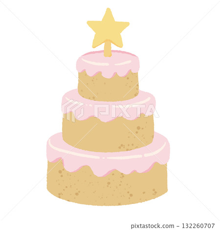 Three tier cake with pink icing and star topper illustration pastel coquette Christmas dessert clipart kawaii bakery art hand drawn for cards and decor 132260707