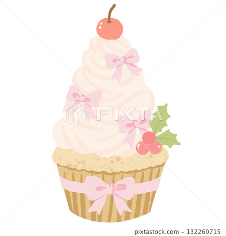 Cute Christmas cupcake with pink bows pastel coquette dessert illustration kawaii holiday bakery art hand drawn element for cards stickers and crafts Cute Christmas cupcake with pink bows pastel coquette dessert illustration kawaii holiday bakery art hand drawn element for cards stickers and crafts 132260715