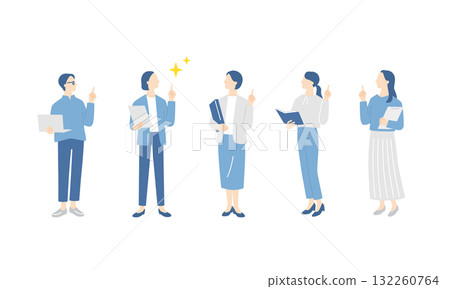 Full-body illustration set of a female business team whose problem was solved 132260764