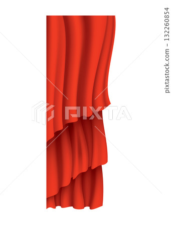 Red curtains realistic. Theater fabric silk decoration for movie cinema or opera hall. Curtains and draperies interior decoration object. Isolated on transparent for theater stage Red curtains realistic. Theater fabric silk decoration for movie cinema or opera hall. Curtains and draperies interior decoration object. Isolated on transparent for theater stage 132260854