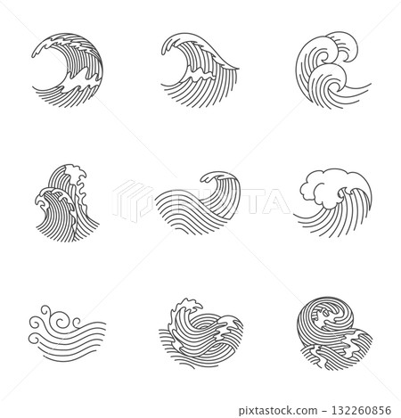 Oriental waves icons japan. Stylized ocean wave curls, japan style tsunami, sea swirls graphics collection. Oceanic water asian decorative ornamental splashes elements. Art vector illustration Oriental waves icons japan. Stylized ocean wave curls, japan style tsunami, sea swirls graphics collection. Oceanic water asian decorative ornamental splashes elements. Art vector illustration 132260856