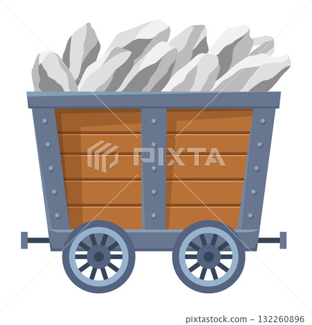Metal mine cart loaded with crystals. Cartoon mine trolley. Vector design illustration isolated on white background Metal mine cart loaded with crystals. Cartoon mine trolley. Vector design illustration isolated on white background 132260896