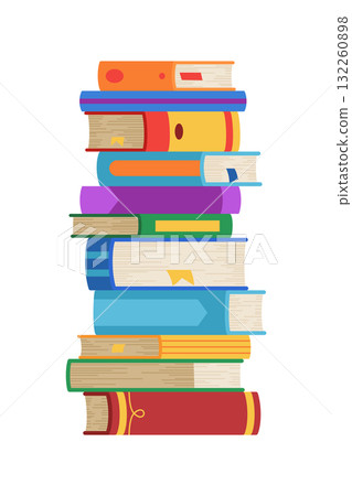 High book stacks or pile. Library textbooks and school literature heaps, dictionaries. Bookstore advertise. Cartoon stacked books angle view with different colorful covers isolated on white High book stacks or pile. Library textbooks and school literature heaps, dictionaries. Bookstore advertise. Cartoon stacked books angle view with different colorful covers isolated on white 132260898