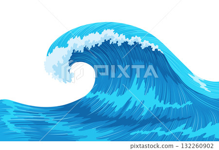 Ocean waves, splash water, marine sea storm element. Blue sea or ocean wave with spray, foam on crest. Vector illustration Ocean waves, splash water, marine sea storm element. Blue sea or ocean wave with spray, foam on crest. Vector illustration 132260902