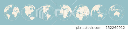 Globe, map, North South America, Africa, Europe Oceania, Australia, Asia. Earth globe with continents. Europe, Asia America Oceania globe set. Map globe sign, symbol circle. Vector Illustration 132260912