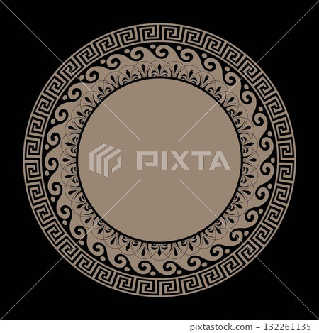 Greek vector round frame. Round pattern with greek key meanders. Porcelain plate with arabesque, floral meander. Greek key. Oval frame with greek ornament. Pattern of Greece, ancient Rome. Greek vector round frame. Round pattern with greek key meanders. Porcelain plate with arabesque, floral meander. Greek key. Oval frame with greek ornament. Pattern of Greece, ancient Rome. 132261135