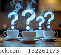 Creative Concept of Steaming Coffee Cups with Glowing Question Marks Symbolizing Curiosity and Ideas 132261173