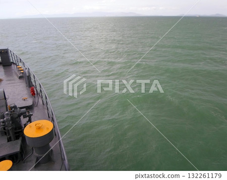 Expansive Ocean View with Distant Islands Under a Cloudy Sky from a Boat 132261179