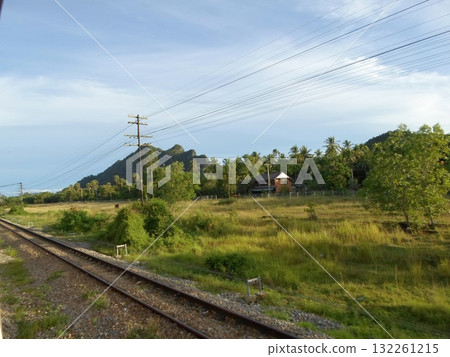 A Rural Landscape with a House and Palms Seen Through a Train Window with Tracks A Rural Landscape with a House and Palms Seen Through a Train Window with Tracks 132261215