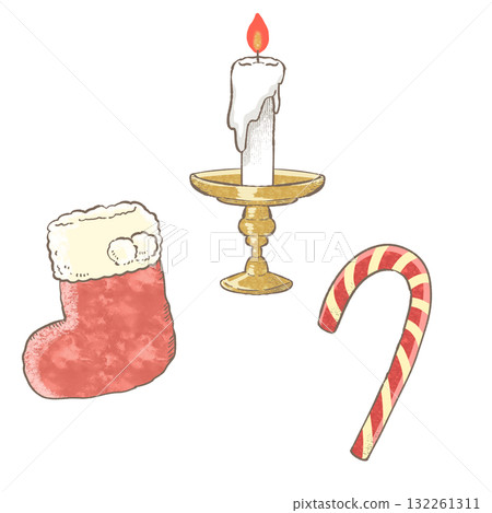 聖誕物品組：襪子、拐杖糖、蠟燭。手繪水彩插圖（透明）。 132261311