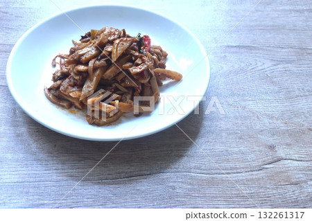 spicy stir fried slice bamboo shoot and tofu with curry vegetarian food on plate spicy stir fried slice bamboo shoot and tofu with curry vegetarian food on plate 132261317