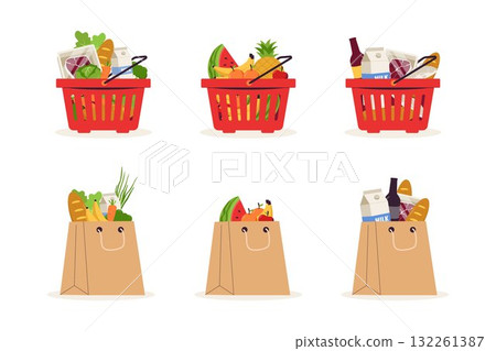 Illustration of Grocery Shopping Basket and Paper Bag Set Illustration of Grocery Shopping Basket and Paper Bag Set 132261387