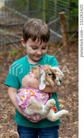 Happy little boy holding a cute pet rabbit wearing a dress, 132261420