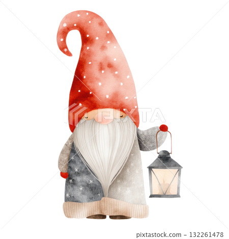 Whimsical gnome character with a red polka dot hat holding a lantern, surrounded by a festive winter atmosphere, perfect for Christmas celebrations. Isolated on transparent background. 132261478