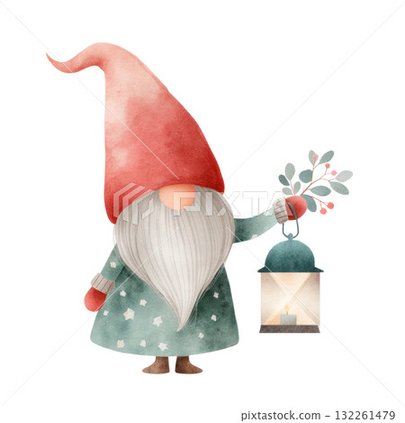Whimsical gnome character holding a lantern adorned with greenery, wearing a festive red hat and patterned coat, embodying a joyful Christmas spirit. Isolated on transparent background. 132261479