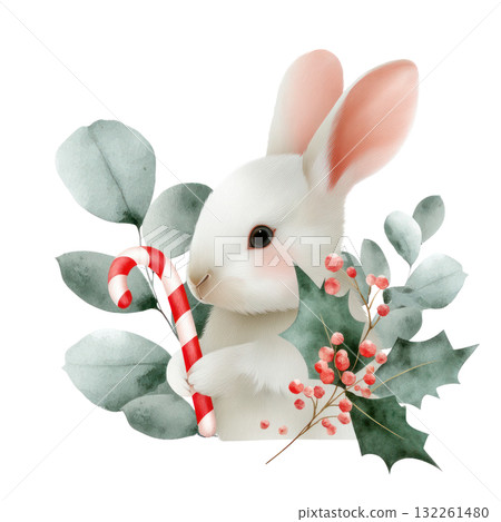 Cute white rabbit holding a candy cane surrounded by festive greenery and berries, embodying the joyful spirit of Christmas celebrations. Isolated on transparent background. 132261480
