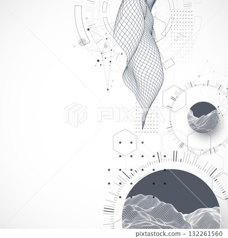 Abstract composition with wireframe wave and technology circles. Vector Abstract composition with wireframe wave and technology circles. Vector 132261560