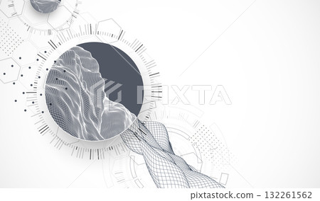 Abstract composition with wireframe wave and technology circles. Vector Abstract composition with wireframe wave and technology circles. Vector 132261562