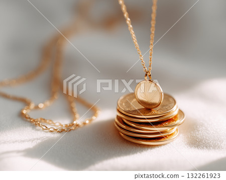 閃亮的金項鍊和硬幣優雅的珠寶組合(時尚廣告設計) 閃亮的金項鍊和硬幣優雅的珠寶組合(時尚廣告設計) 132261923