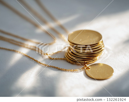 柔和燈光下的金色配件靜物（設計、社群媒體、商業） 132261924