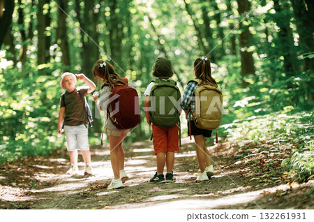 View from the back. Kids in forest at summer daytime together 132261931