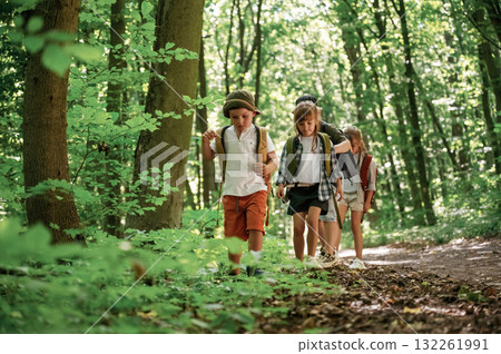 Bunch of green plants and leaves. Kids in forest at summer daytime together 132261991