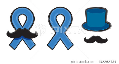 Hat, Blue ribbon with moustache symbol november mens health month. Doodle style Blue ribbon and moustache icons isolated on white background. Sticker , label and icon of prostate cancer awareness set 132262184