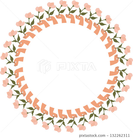 Flourish frame decoration. Hand with pink tulip border. Flower square frame for International Women's Day 132262311