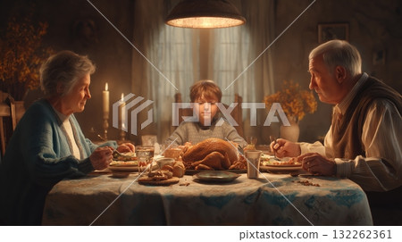Photorealistic image of a family dinner with three generations gathered around a table, realistic table setting and warm atmosphere, joyful togetherness, generative ai illustration. 132262361