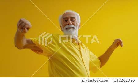 Photorealistic image of a happy elderly man dancing joyfully with a bright smile and energetic movement, cheerful expression full of vitality and positivity, generative ai illustration. 132262380